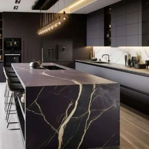 Custom Luxury Modern MDF Melamine Board Kitchen Cabinets Glass Stainless Steel Carcase Quartz Top Dining Island Eco-Friendly