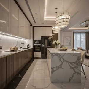 Custom Modern Eco-Friendly High Gloss Lacquer Finish Melamine Board Wooden Kitchen Cabinets Granite Countertop Drawer Basket for