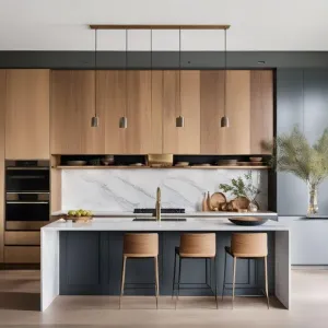 Custom Modern Eco-Friendly Modular Multifunctional Melamine Particleboard Kitchen Cabinet Marble Countertop Island Design