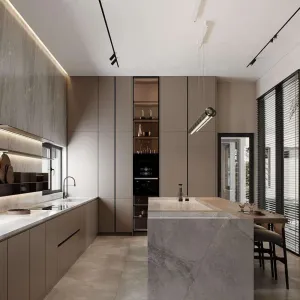 Custom Modern Luxury MDF Melamine Board Glass Stainless Steel Kitchen Cabinets with Quartz Countertop for Dining Apartment