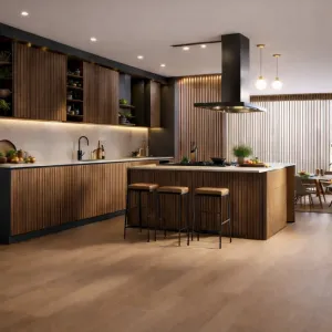 Custom Modular Eco-Friendly Fireproof Luxury Veneer Wooden Kitchen Cabinet with Island and Lazy Susan Storage
