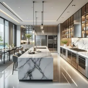 Custom Modular Eco-Friendly Minimalist Full Kitchen Cabinets Island Set PET Granite Countertop Solid Wood Stainless Steel Dining