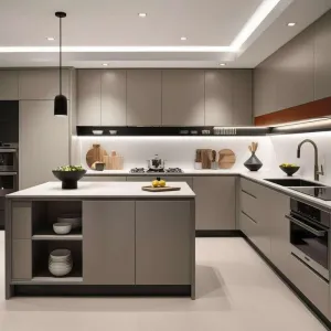 Custom Modular Kitchen Cabinet Set Modern Design Marble Countertop Plywood MDF Kitchen Cupboard with Island for Villa
