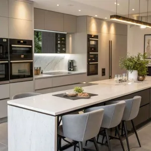 Custom Modular Kitchen Cabinet Set with Marble Countertop Plywood MDF Construction Melamine Board Doors for Villa Apartment