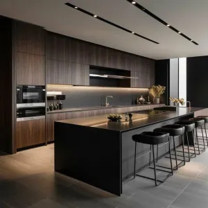Custom Modular Modern Luxury Lacquer Glass Kitchen Island Cabinets Stainless Steel Melamine Board Fireproof Apartment Kitchen