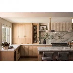 Custom Multifunctional Modern Luxury Melamine Wood Veneer Kitchen Cabinet Modern Island Design with Marble Countertop for Villa