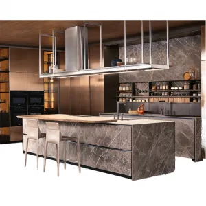 Custom Multifunctional Modern Luxury Solid Wood High Gloss Lacquer Wall Kitchen Cabinet Island Faucet Hinge Marble Villa