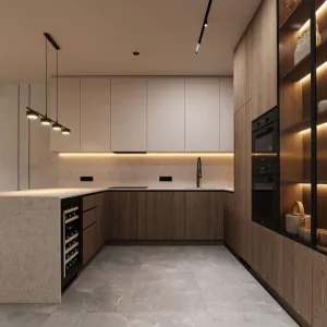 Custom Particle Board Modular Modern Kitchen Cabinet with Glass Door for Dining Mall Hotel Home Use