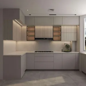 Custom Plywood Kitchen Cabinets with PET Acrylic Finish Factory Supplier for Developers Contractors Apartment Projects