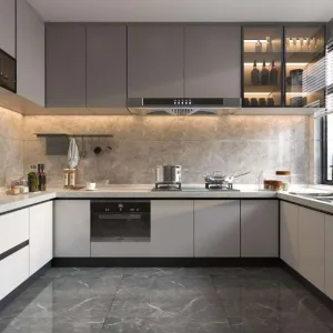 Custom Wholesale PET Particleboard Modern Flat Panel Apartment Kitchen Cabinet Full Set for Bulk Projects