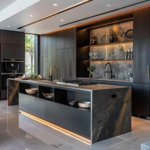 Deluxe High-End Solid Wood Veneer Composite Custom Modular Eco-Friendly Modern Kitchen Cabinet Glass Granite Countertop Mall