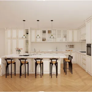 European American Modern Kitchen Cabinet Set with Islands Antique Shaker Design Plywood Construction for Villa Project