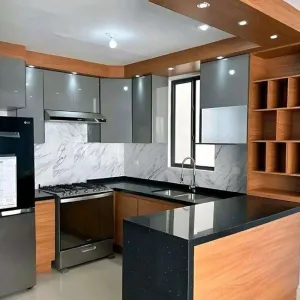 Factory Direct Flat Pack Kitchen Cabinets for Developers Plywood Particleboard OSB PET Finish Apartment Hotel Projects