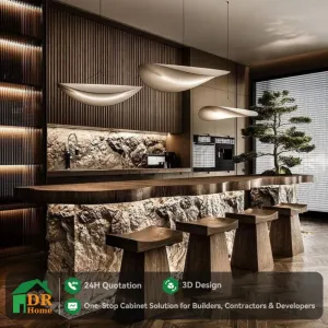 High-End Custom Luxury Kitchen Cabinet System for Villas Natural Stone Island Premium Wood Kitchen Cabinetry