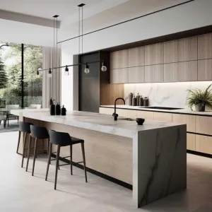 High-End Modern Modular Kitchen Cabinet High Gloss Quartz Countertop Fireproof Simple Style Smart Villa Project