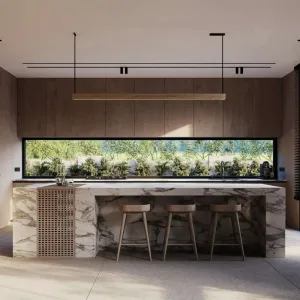 High-End Walnut Veneer Solid Wood Kitchen Cabinet Luxury Marble Glass Bench Top Sink Base Dining Island Faucet Eco-Friendly