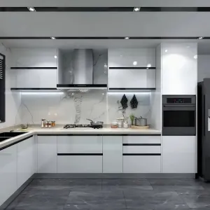 Modern High Gloss Kitchen Cabinets PET Finish Plywood Doors Hinge Drawer Basket for Bulk Apartment Whole House