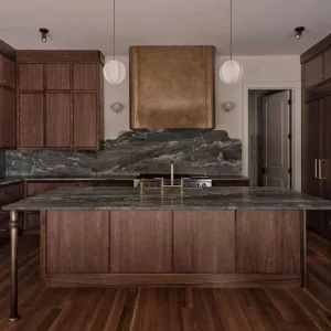 2026 Home Interior Design Cherry Walnut Wood Timber Veneer Slab Door Waterfall Kitchen Island Cabinet for Villa and Apartment