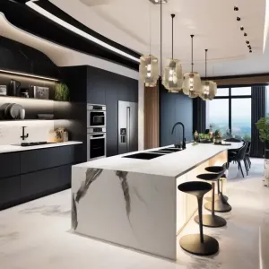 Luxury Modern Matt Lacquer Glass Door Panel Custom Assembled Eco-Friendly Marble Countertops Kitchen Cabinet Set