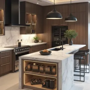 Luxury Smart Kitchen Cabinets Eco-Friendly Modular Light Curved Island Fitted Solid Wood Carcass Lacquer Finish Quartz Mall