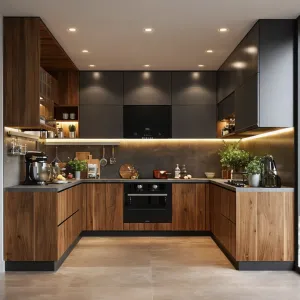Luxury Style Matte Lacquer Complete Flat Panel Wood Veneer Kitchen Cabinet with Island Modern Kitchen Design Cabinet