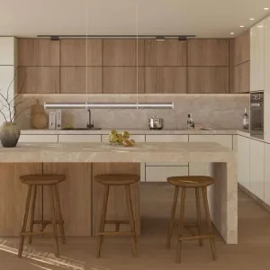 Minimalist Eco-Friendly Fireproof Overall Straight Line Particleboard Kitchen Cabinet Quartz Stone Countertop Kitchen Cabinet