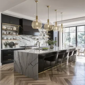 Modern Australian Flat Pack Kitchen Cabinets with Glass Doors Custom Designs Black Lacquer Finish for Contractors Dining Areas