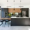 Modern Black Melamine Plywood Complete Kitchen Cabinet Set with Glass Doors Island Storage for Apartment Dining Project