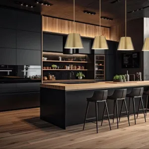 Modern Black Modular Kitchen Cabinet Eco-Friendly Fireproof Glass Wood Melamine Finish Stylish Design for Mall Dining Resort