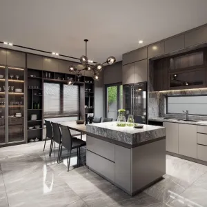 Modern Custom Complete Kitchen Cabinets Set Island Melamine Board Carcase Sink Base Cabinets Dining Fireproof Eco-Friendly