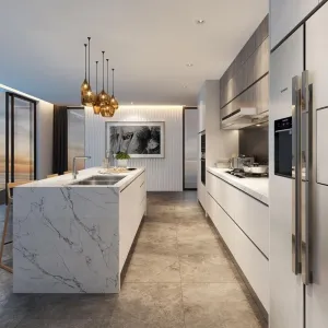 Modern Custom Kitchen Cabinets Full Melamine Lacquer Finish Stainless Steel Carcase for House Villa for Apartments