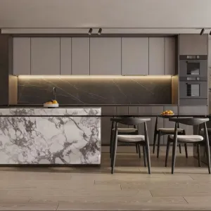 Modern Custom Kitchen Pantry Cabinets PET Melamine Board Carcase Stainless Steel Doors Eco-Friendly Granite Countertop Dining