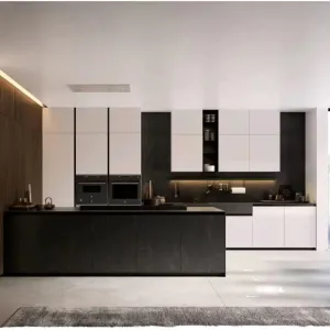 Modern Custom L-Shaped Contemporary Plywood PET Finish Kitchen Island Cabinet Set with Hinge Faucet for USA Apartment Project