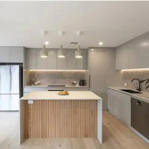 Modern Eco-Friendly Glass Kitchen Cabinet with Island Solid Wood Construction Custom Villa Kitchen Solution
