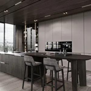 Modern Glass Lacquer Kitchen Cabinets with Sintered Stone Countertop and Sink Island Table Set for Villa Dining