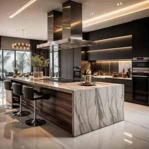 Modern Glossy Laminate Melamine Kitchen Island Cabinets Complete Set Glass Eco-Friendly Modular Design for Dining Villa Use