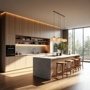 Modern Kitchen Cabinet Set PET Door Panel Custom Assembled Marble Countertops Stainless Melamine Board Carcase for Villa Project