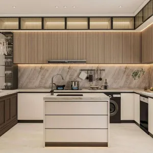Modern Kitchen Cabinets Set Glass Hinge Faucet-Eco-Friendly Particleboard Construction Modular Island Storage for Villa Projects