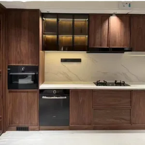 Modern Lacquer Finish Modular Kitchen Island Cabinet Set with Laminate Countertop Sink Backsplash Glass Doors for Apartment