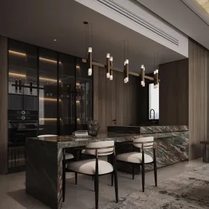 Modern Luxury Custom Wood Veneer Kitchen Cabinet Set with Glass Door High Pantry and Stone Island for Villa Project
