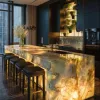 Modern Luxury Villa Solid Wood Lacquer Kitchen Cabinet with Illuminated Natural Slab Marble Countertop for Villa Project