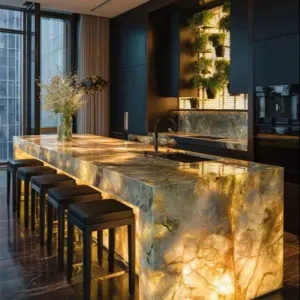 Modern Luxury Villa Solid Wood Lacquer Kitchen Cabinet with Illuminated Natural Slab Marble Countertop for Villa Project