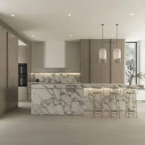 Modern Luxury Wooden Kitchen Cabinets with Marble Island Countertop Custom Full Kitchen Cabinet Set for Villa Project