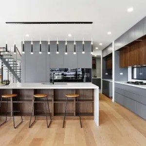 Modern Matte Gray European Style Eco-Friendly Water Resistant Plywood Custom Kitchen Island Cabinet Lacquer Finish Marble for