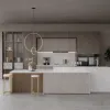 Modern Melamine Particle Board Kitchen Cabinet with Glass Door Tall Units and Artificial Granite Island for Villas Project