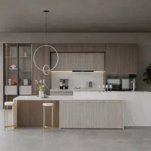 Modern Melamine Particle Board Kitchen Cabinet with Glass Door Tall Units and Artificial Granite Island for Villas Project