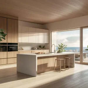 Modern Minimalistic Eco-Friendly Custom L-Shaped Melamine Kitchen Cabinet with MDF Carcase for Villa Use