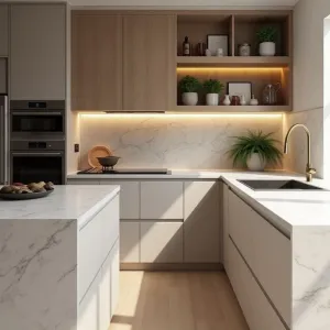 Modern Minimalistic Eco-Friendly Modular L-Shaped Melamine Plywood Carcase Kitchen Cabinets Island Villa Real Estate Developer
