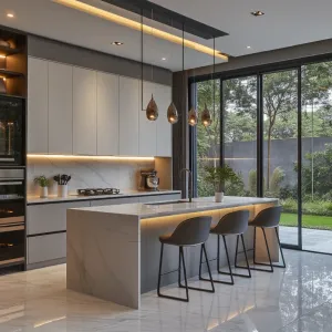 Modern Modular Antifungal Custom Eco-Friendly Fireproof Melamine Board Plywood Kitchen Island Cabinets for Villa Mall Dining