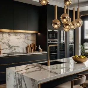 Modern Modular Kitchen Cabinet Set with Island Plywood Lacquer Finish Granite Countertop